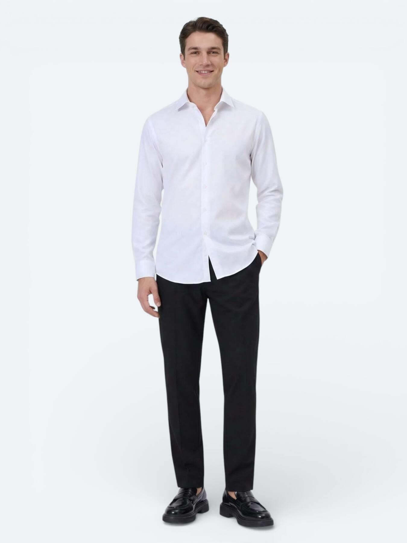 Beyaz Düz Slim Fit Uzun Dokuma Klasik Pamuk Karışımlı Gömlek