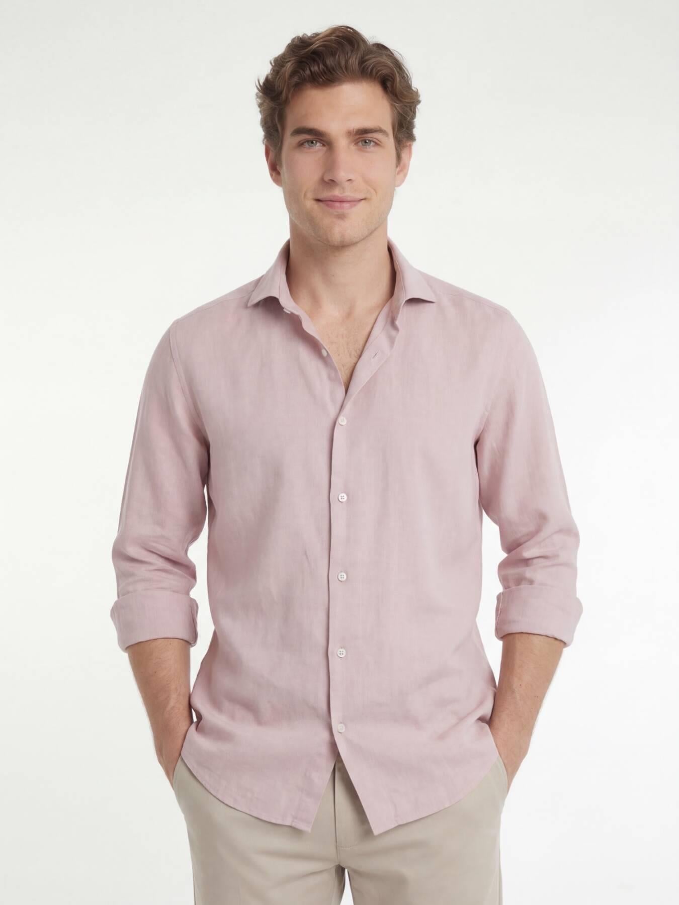 Pembe Düz Regular Fit Uzun Dokuma Casual Pamuk Karışımlı Gömlek