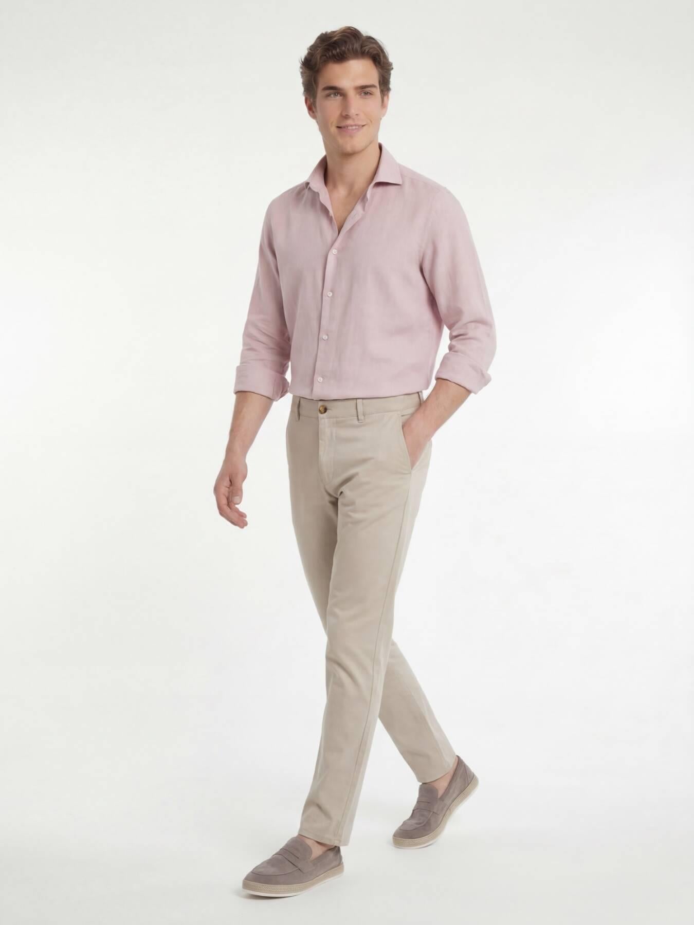 Pembe Düz Regular Fit Uzun Dokuma Casual Pamuk Karışımlı Gömlek