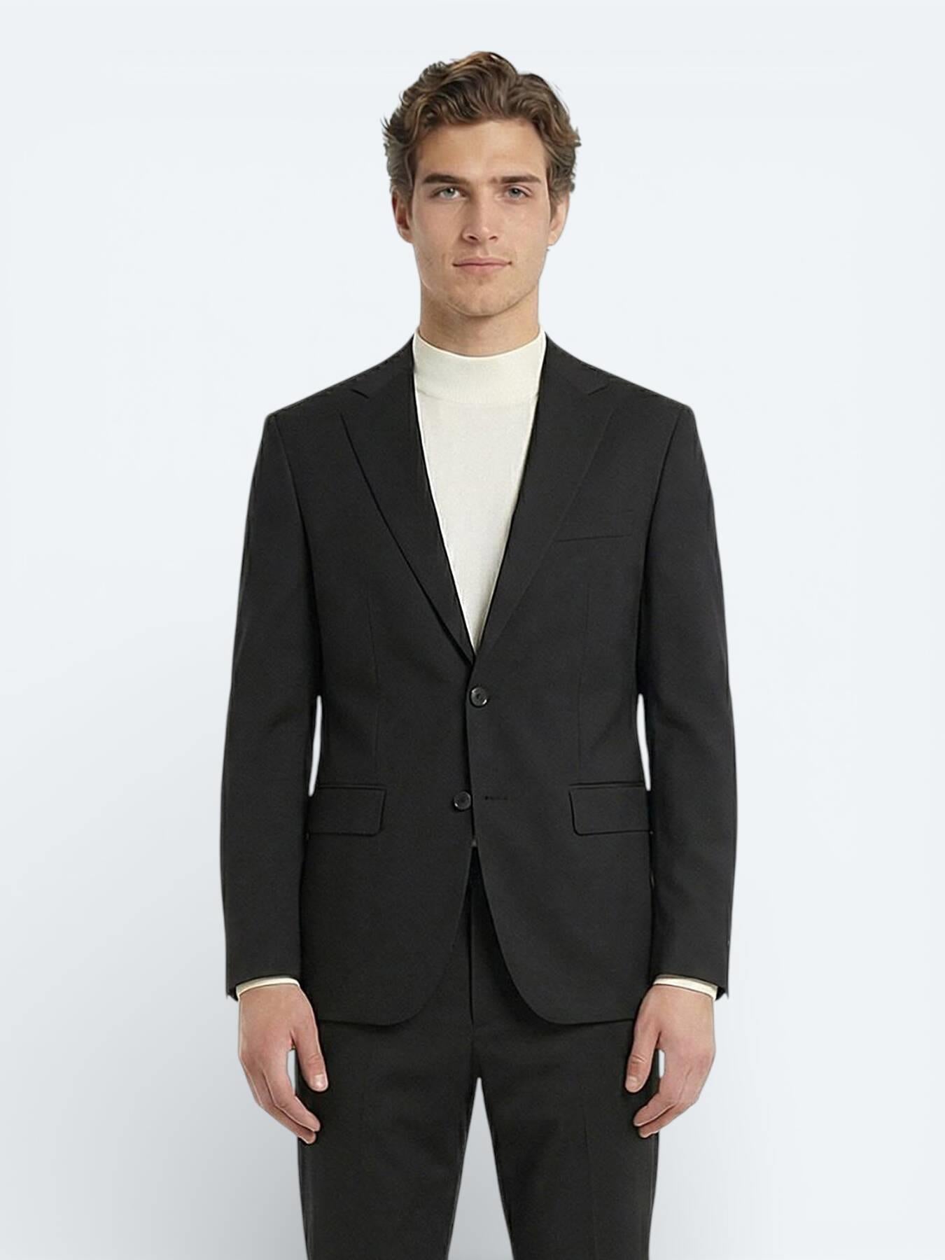Siyah Düz Modern Fit Yün Karışımlı Takım Elbise