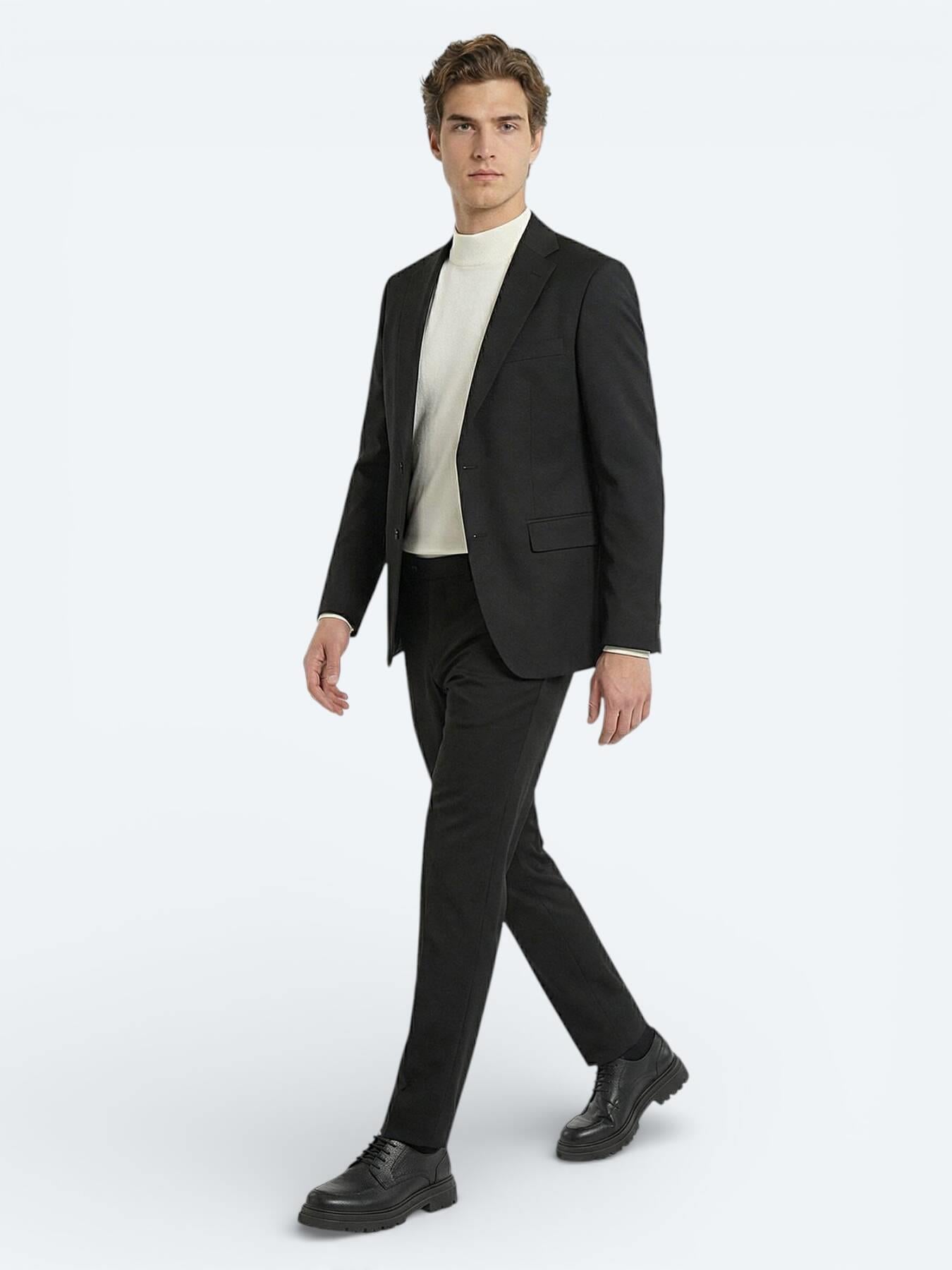 Siyah Düz Modern Fit Yün Karışımlı Takım Elbise