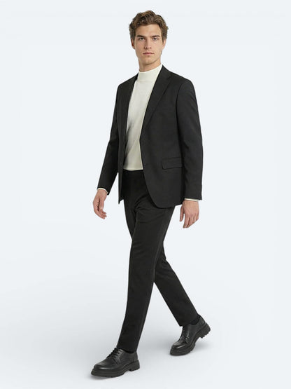 Siyah Düz Modern Fit Yün Karışımlı Takım Elbise