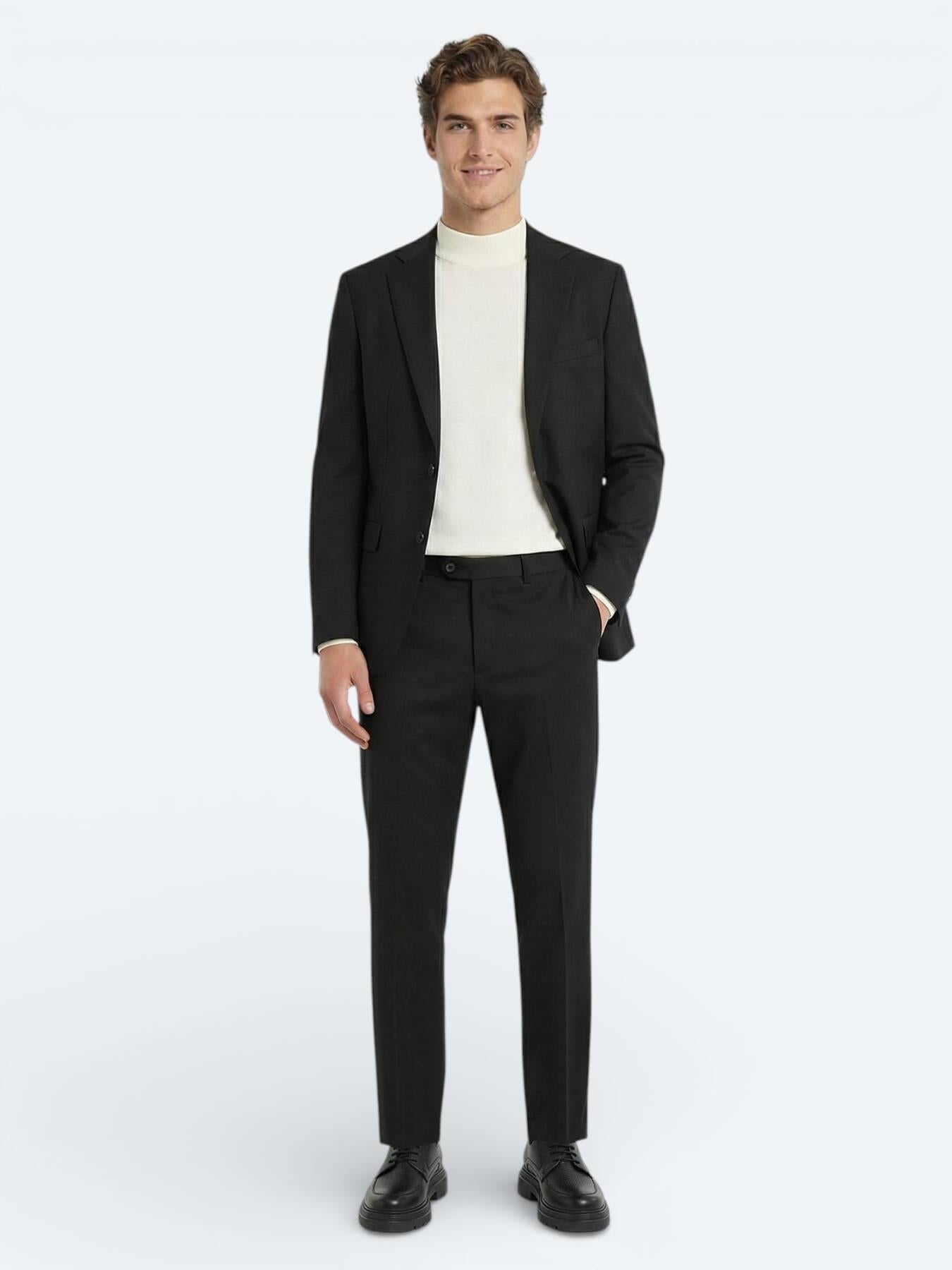 Siyah Düz Modern Fit Yün Karışımlı Takım Elbise
