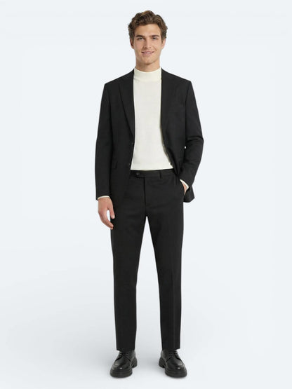 Siyah Düz Modern Fit Yün Karışımlı Takım Elbise