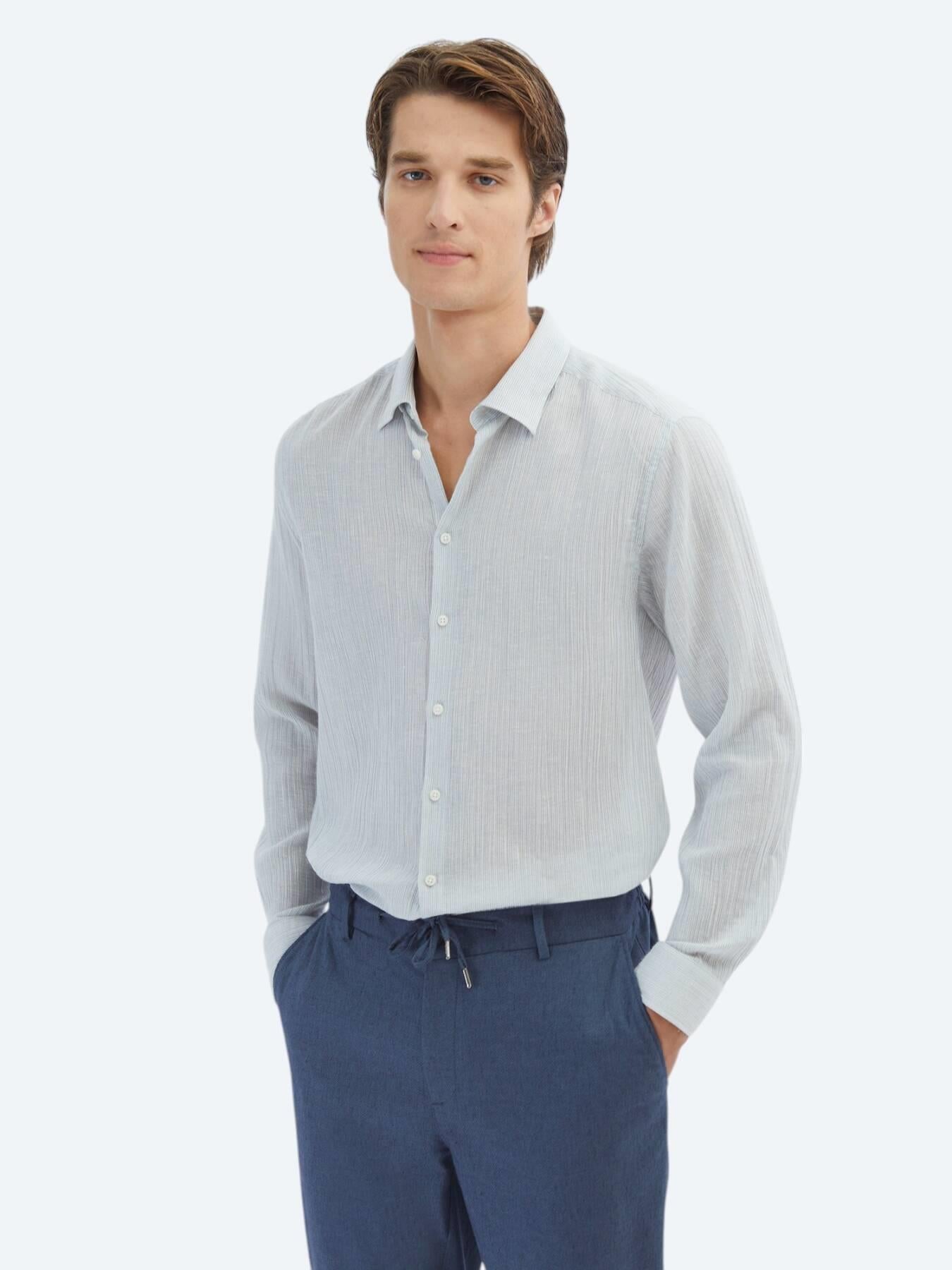 Mavi Çizgili Regular Fit Uzun Dokuma Casual Pamuk Karışımlı Gömlek