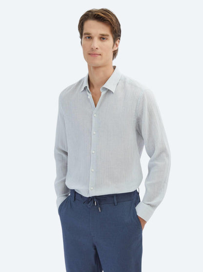 Mavi Çizgili Regular Fit Uzun Dokuma Casual Pamuk Karışımlı Gömlek