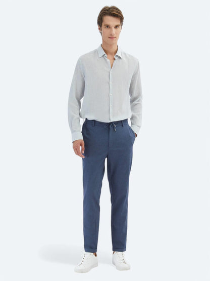 Mavi Çizgili Regular Fit Uzun Dokuma Casual Pamuk Karışımlı Gömlek