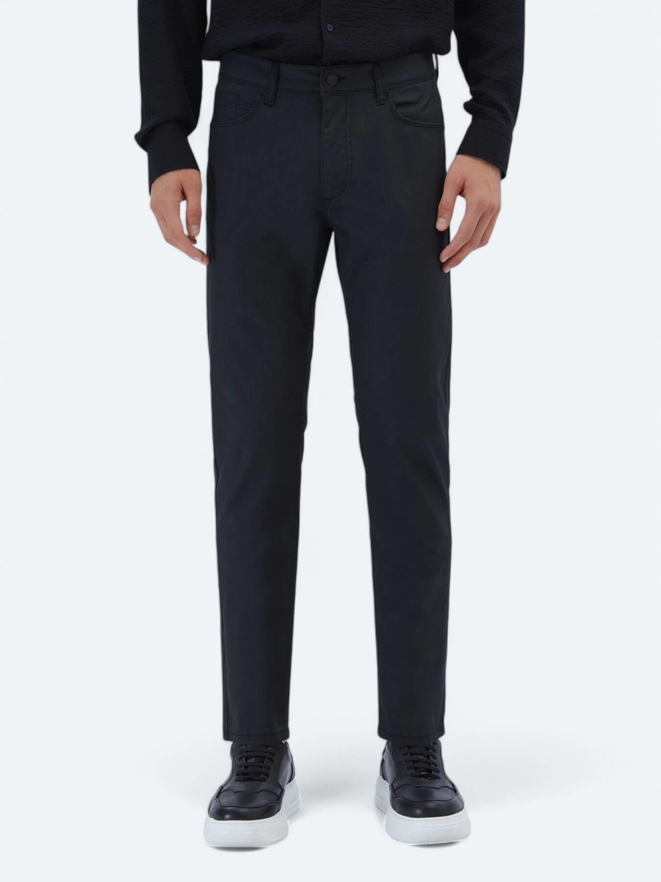 Siyah Düz Dokuma Fitted Fit Casual Pamuk Karışımlı Pantolon