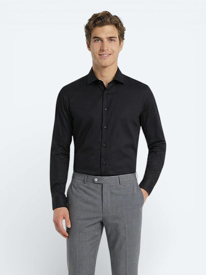 Siyah Düz Slim Fit Uzun Dokuma Klasik %100 Pamuk Gömlek