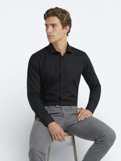 Siyah Düz Slim Fit Uzun Dokuma Klasik %100 Pamuk Gömlek