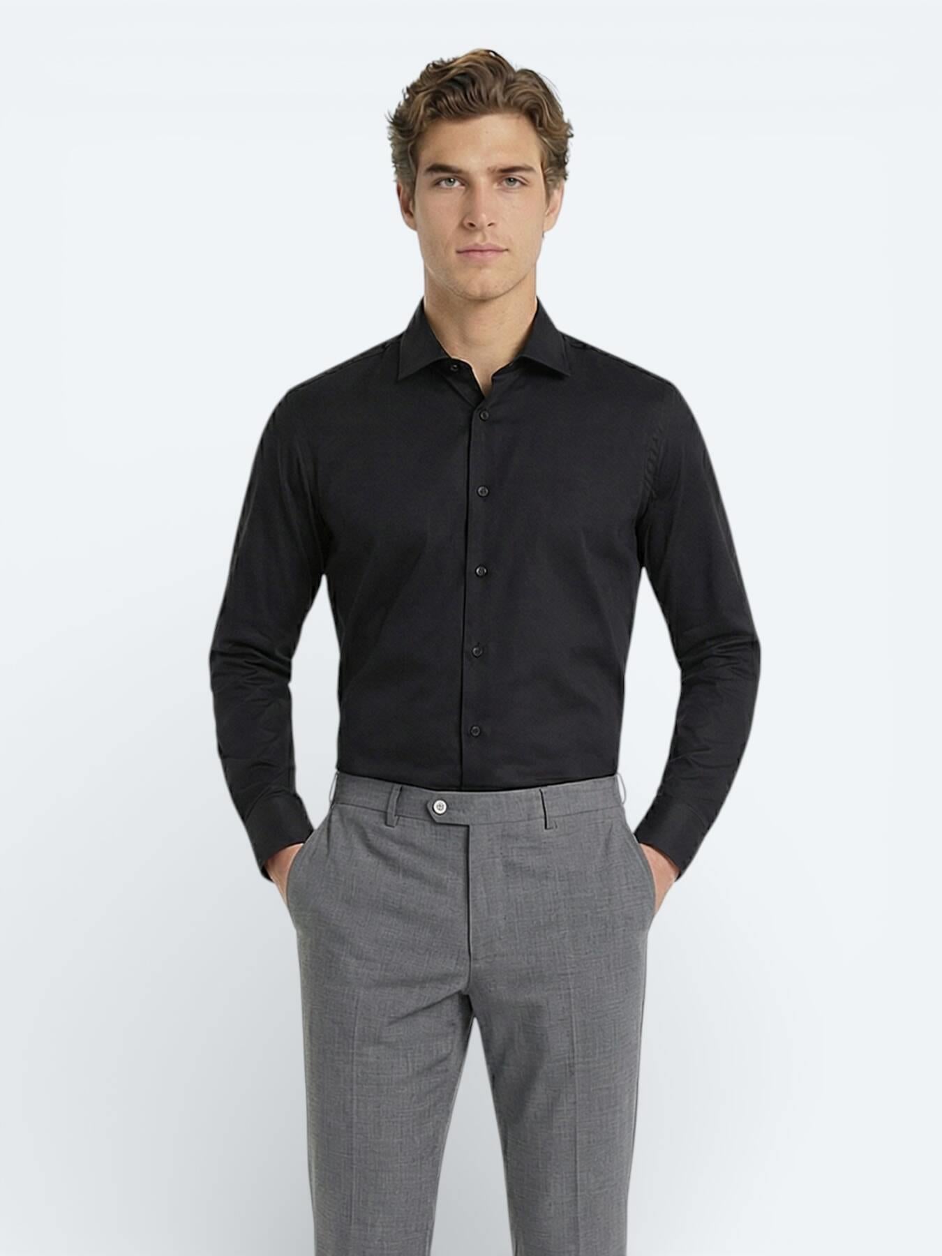 Siyah Düz Slim Fit Uzun Dokuma Klasik %100 Pamuk Gömlek
