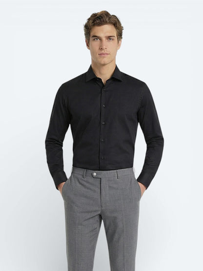 Siyah Düz Slim Fit Uzun Dokuma Klasik %100 Pamuk Gömlek