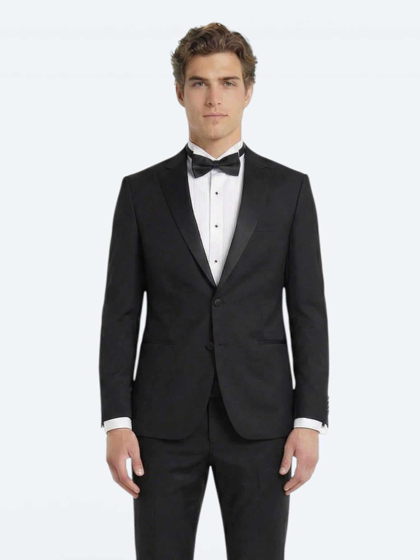 Siyah Düz Slim Fit Kruvaze Yaka Dokuma Smokin Takım Elbise