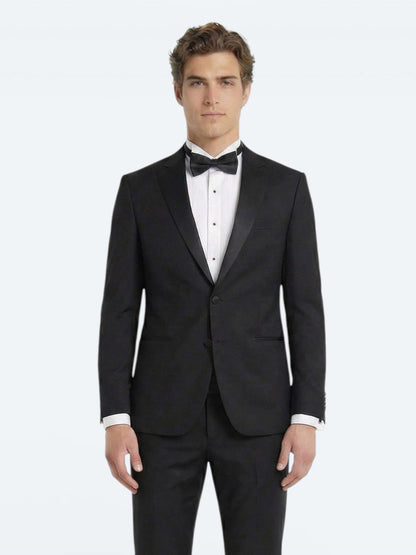 Siyah Düz Slim Fit Kruvaze Yaka Dokuma Smokin Takım Elbise
