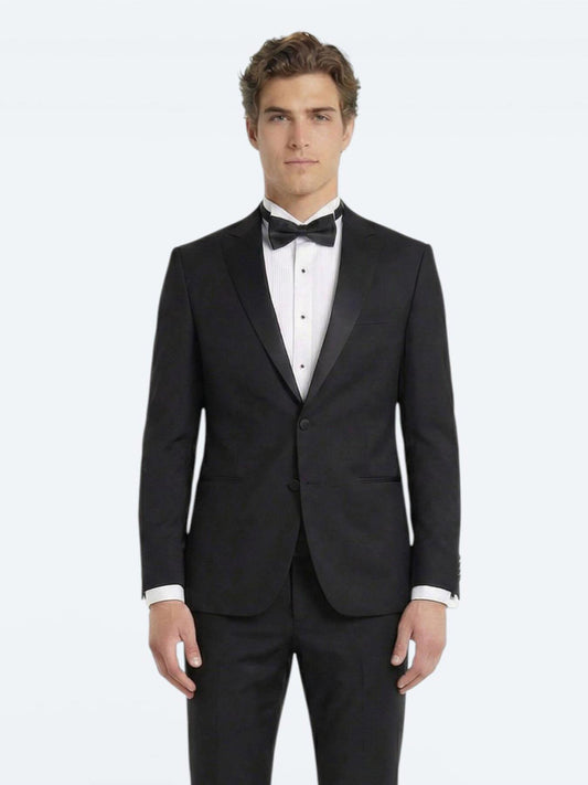 Siyah Düz Slim Fit Kruvaze Yaka Dokuma Smokin Takım Elbise
