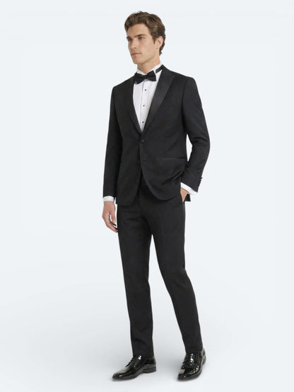 Siyah Düz Slim Fit Kruvaze Yaka Dokuma Smokin Takım Elbise