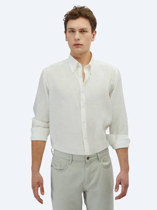 Beyaz Regular Fit Uzun Dokuma Casual Gömlek