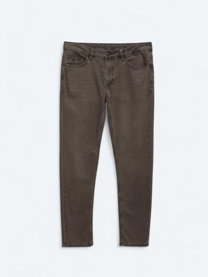 Kahverengi Düz Slim Fit Denim Pamuk Karışımlı Pantolon