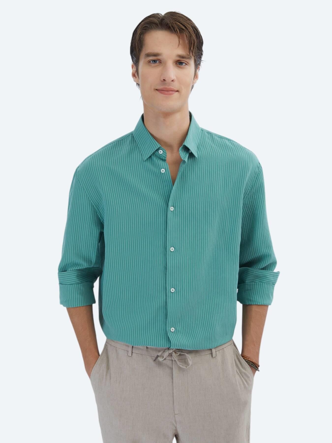 Nil Yeşili Oversize Fit Uzun Dokuma Casual Gömlek