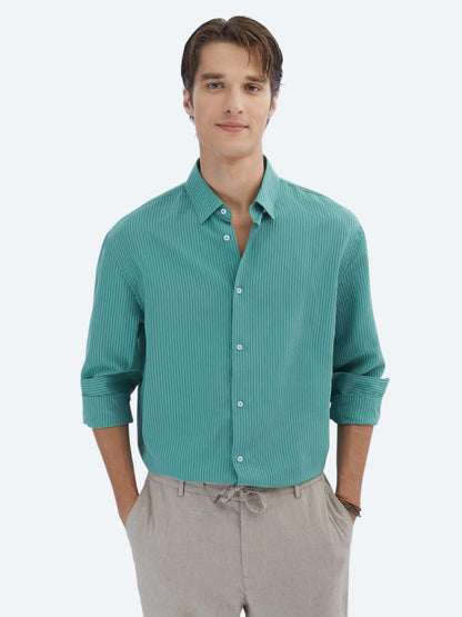 Nil Yeşili Oversize Fit Uzun Dokuma Casual Gömlek