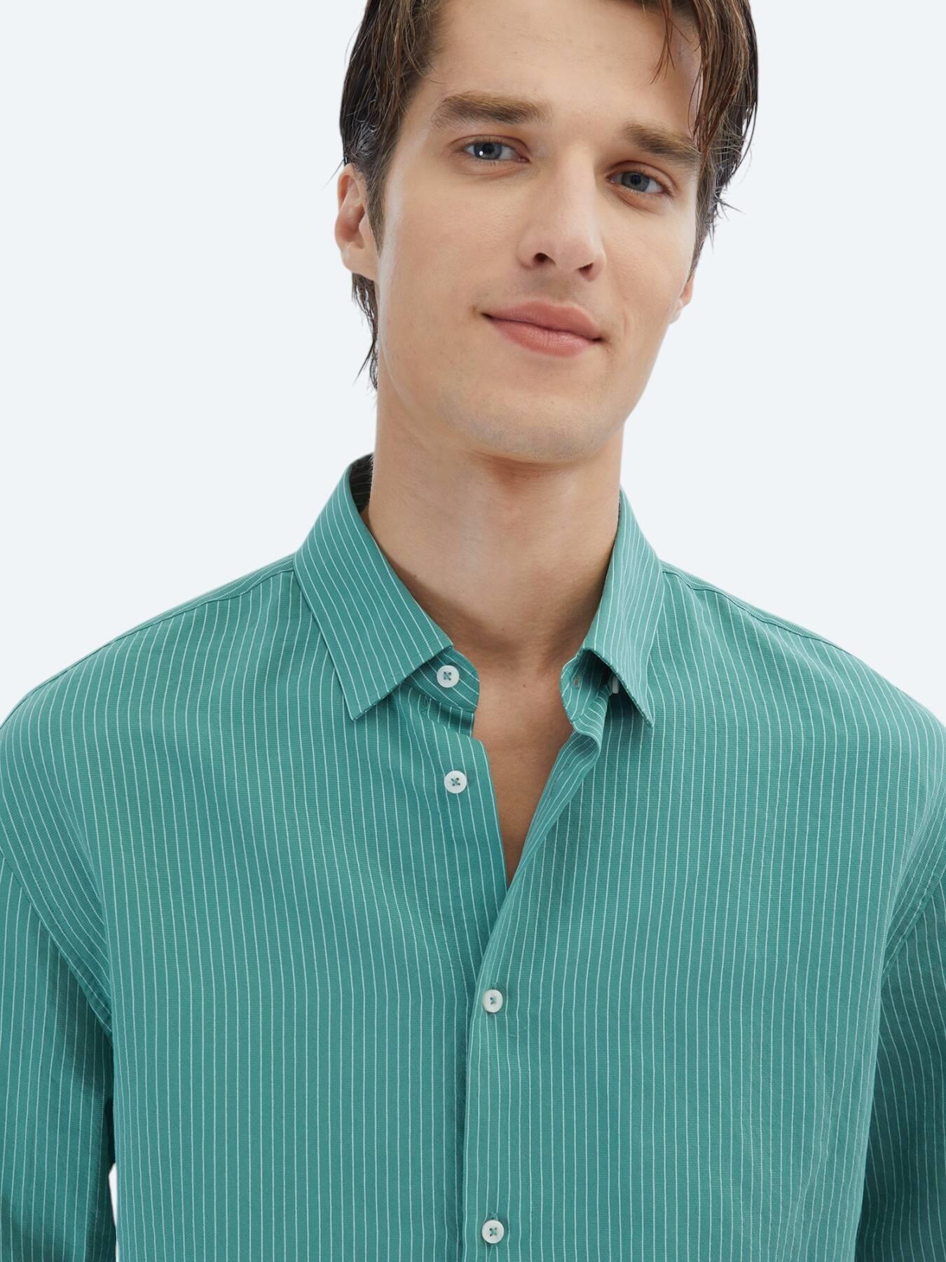 Nil Yeşili Oversize Fit Uzun Dokuma Casual Gömlek