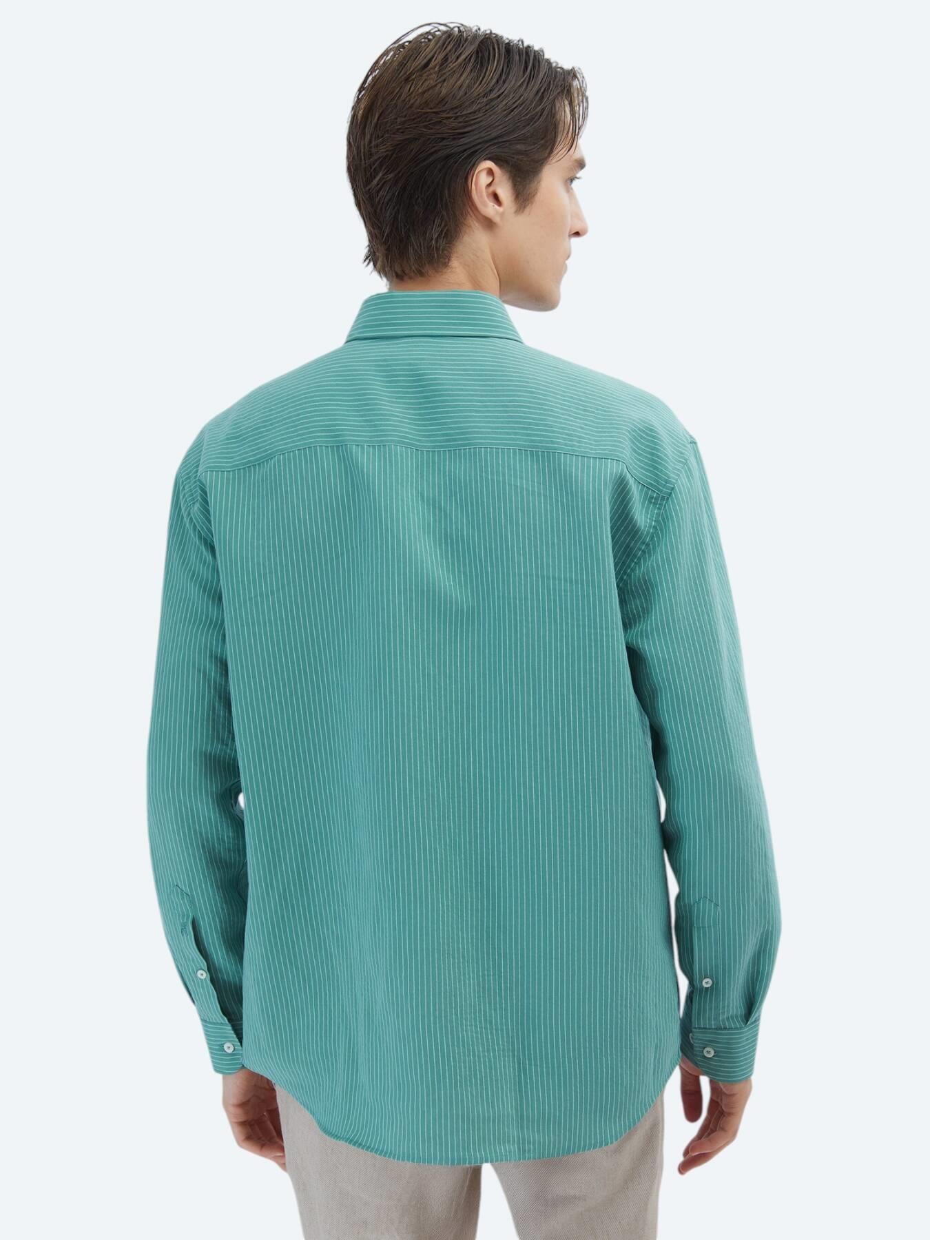 Nil Yeşili Oversize Fit Uzun Dokuma Casual Gömlek