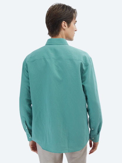 Nil Yeşili Oversize Fit Uzun Dokuma Casual Gömlek