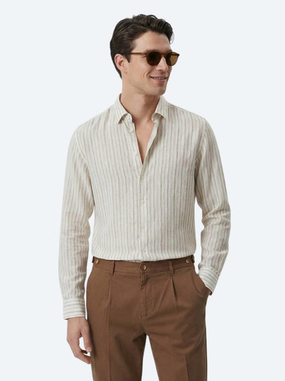Bej Baskılı Regular Fit Uzun Dokuma Casual Gömlek