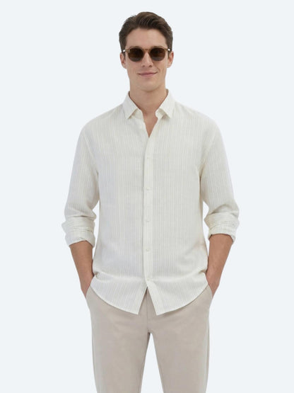Safran Çizgili Oversize Fit Uzun Dokuma Casual Gömlek