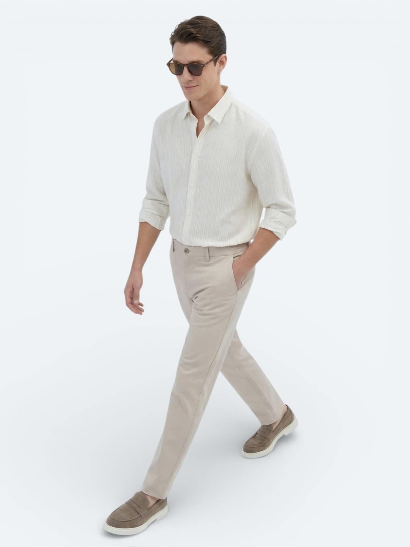 Safran Çizgili Oversize Fit Uzun Dokuma Casual Gömlek