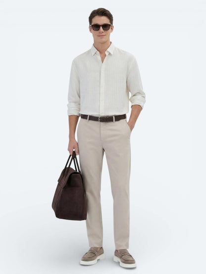 Safran Çizgili Oversize Fit Uzun Dokuma Casual Gömlek