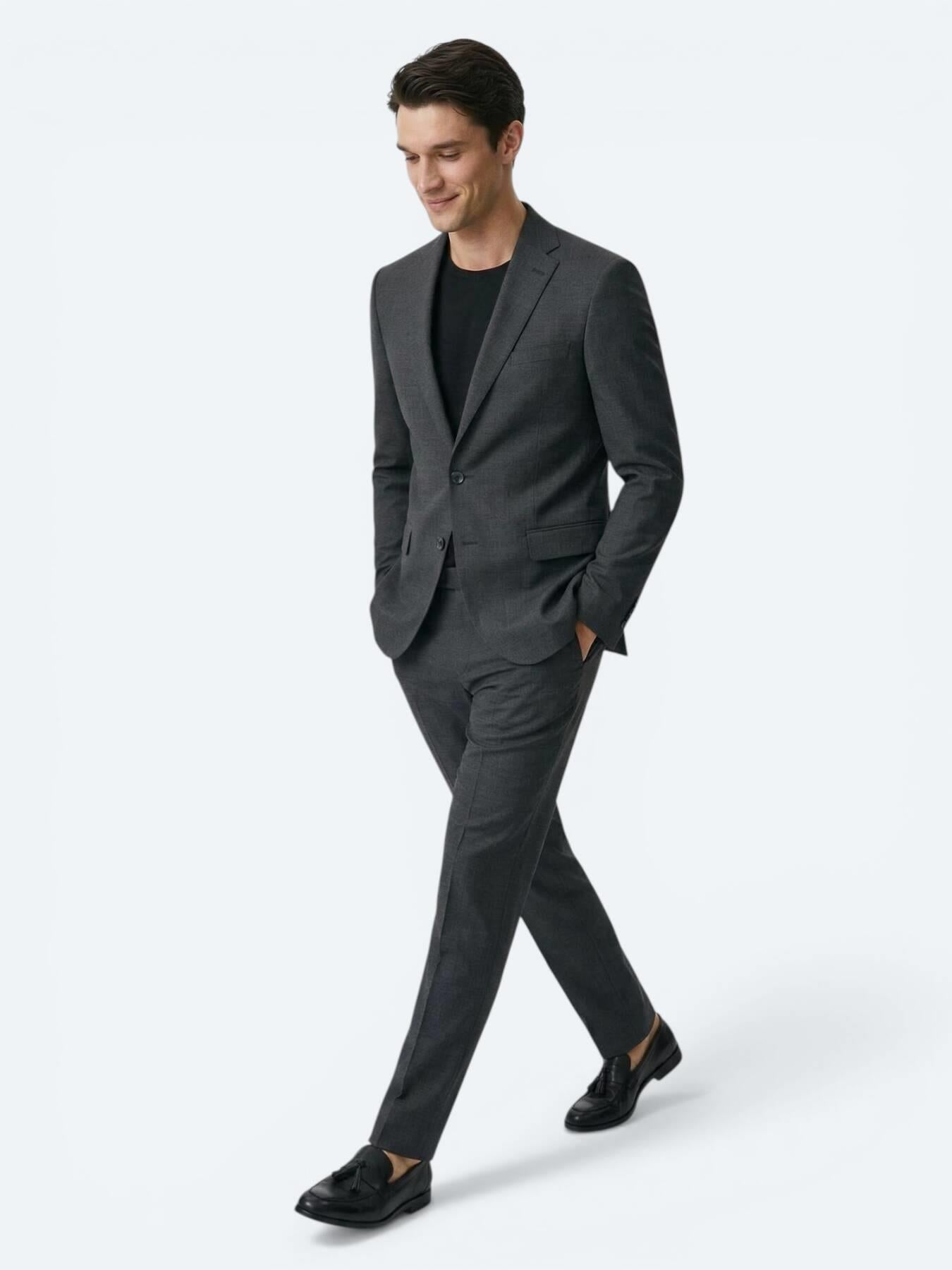 Antrasit Düz Modern Fit Yün Karışımlı Takım Elbise