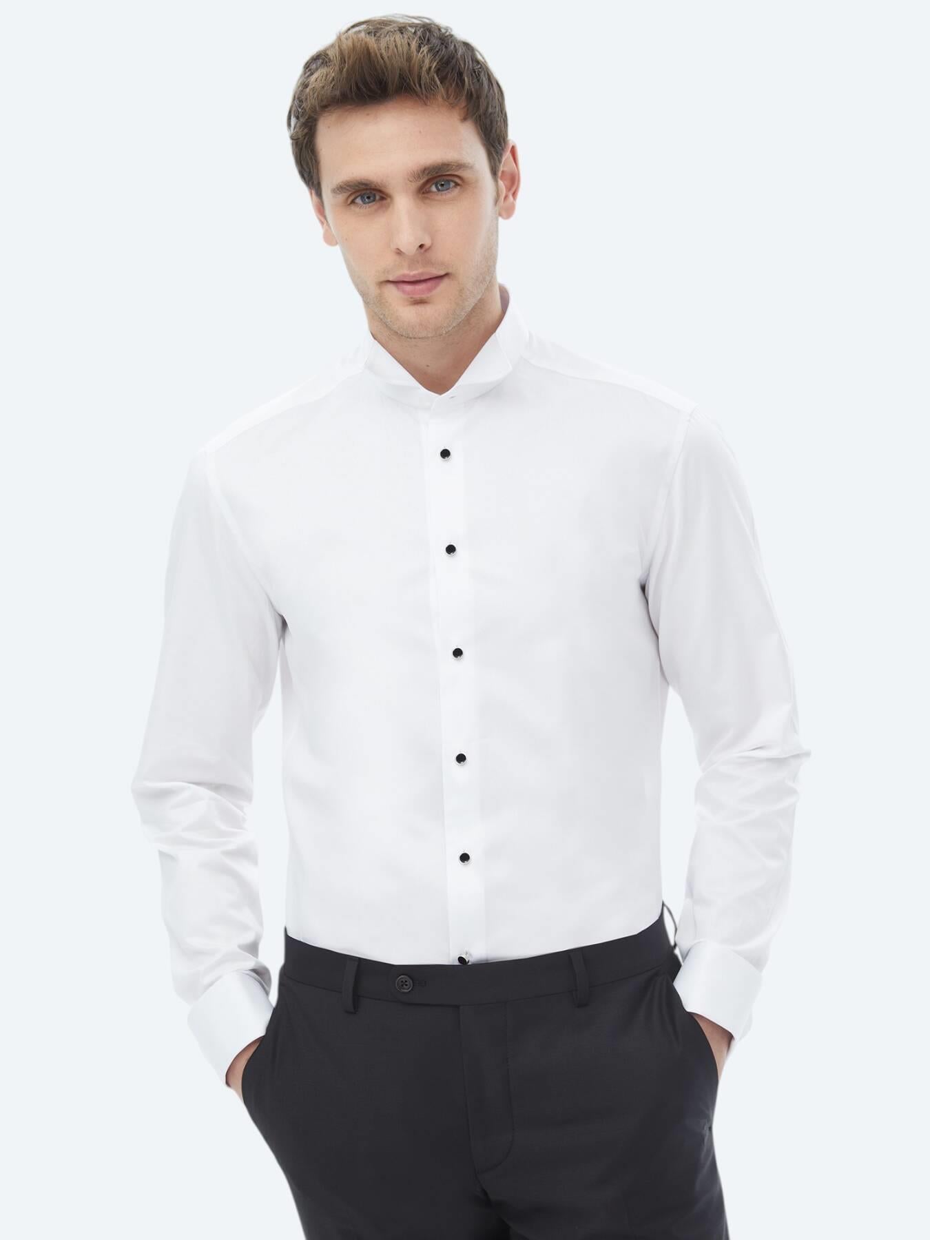 Beyaz Düz Slim Fit Duble Manşet Smokin Gömlek