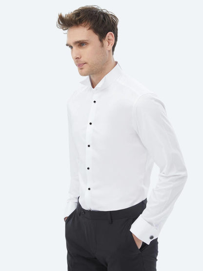 Beyaz Düz Slim Fit Duble Manşet Smokin Gömlek