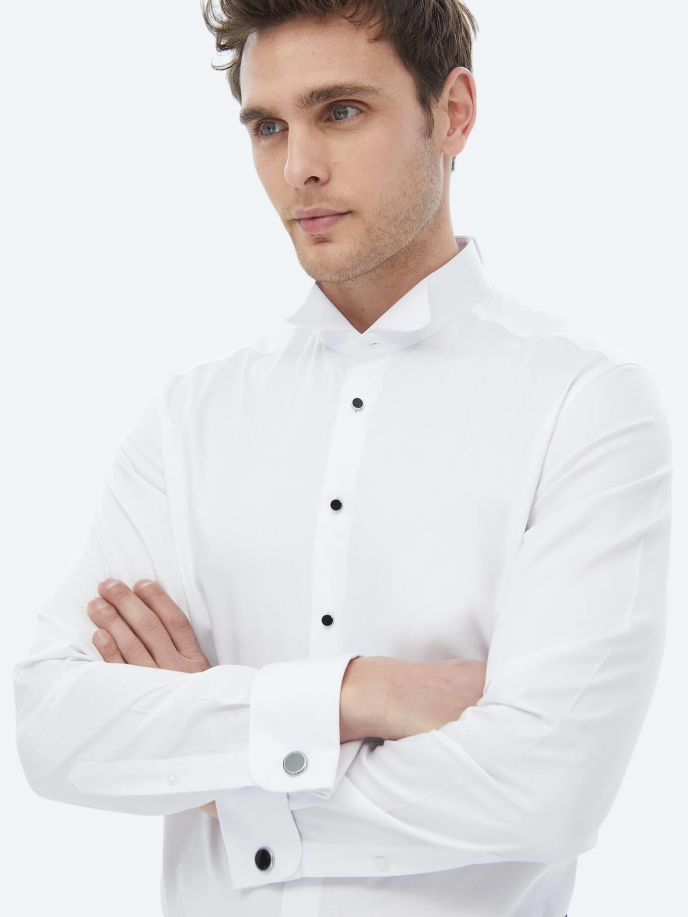Beyaz Düz Slim Fit Duble Manşet Smokin Gömlek