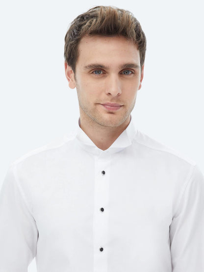 Beyaz Düz Slim Fit Duble Manşet Smokin Gömlek