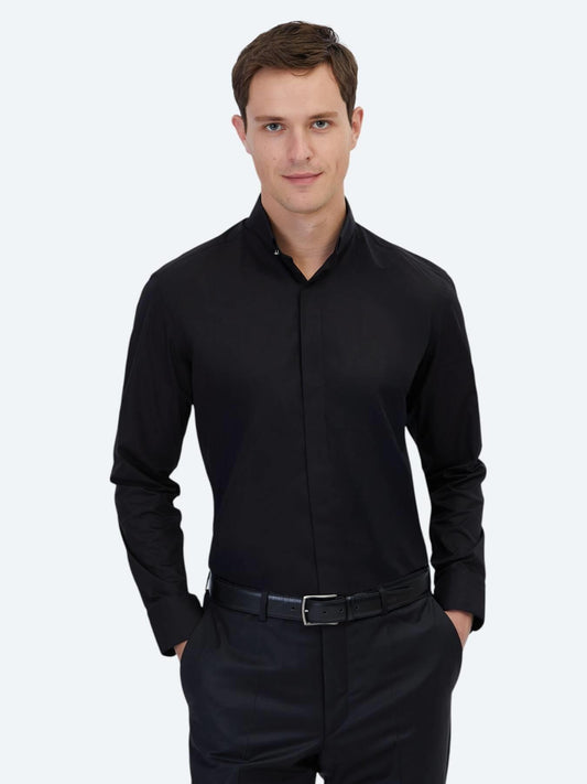 Siyah Regular Fit Uzun Dokuma Klasik %100 Pamuk Gömlek