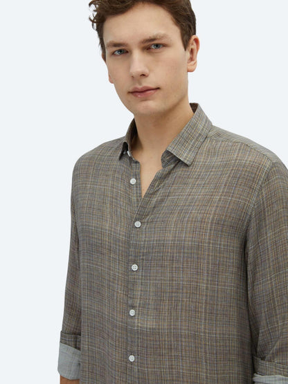 Vizon Baskılı Regular Fit Uzun Dokuma Casual Gömlek