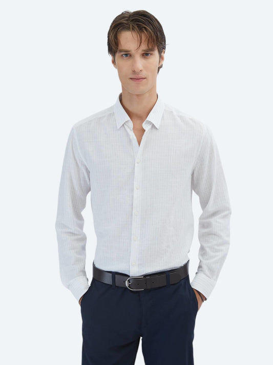 Mavi Çizgili Regular Fit Uzun Dokuma Casual %100 Pamuk Gömlek