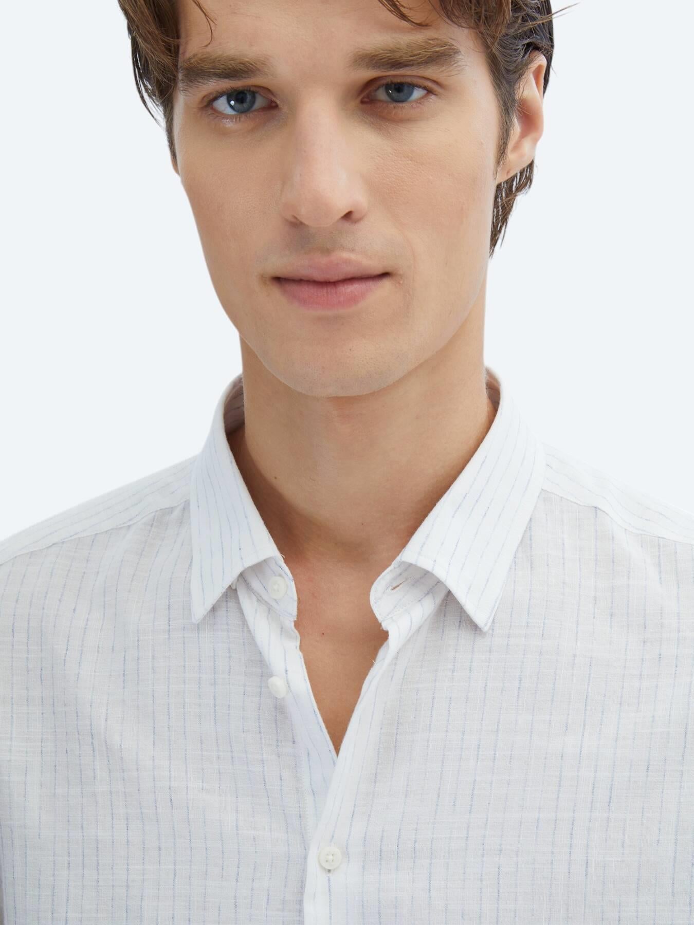 Mavi Çizgili Regular Fit Uzun Dokuma Casual %100 Pamuk Gömlek