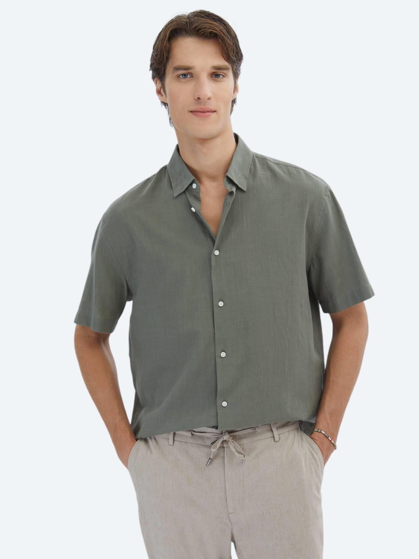 Haki Oversize Fit Kısa Dokuma Casual %100 Pamuk Gömlek