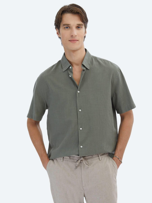 Haki Oversize Fit Kısa Dokuma Casual %100 Pamuk Gömlek