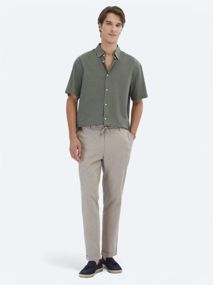Haki Oversize Fit Kısa Dokuma Casual %100 Pamuk Gömlek