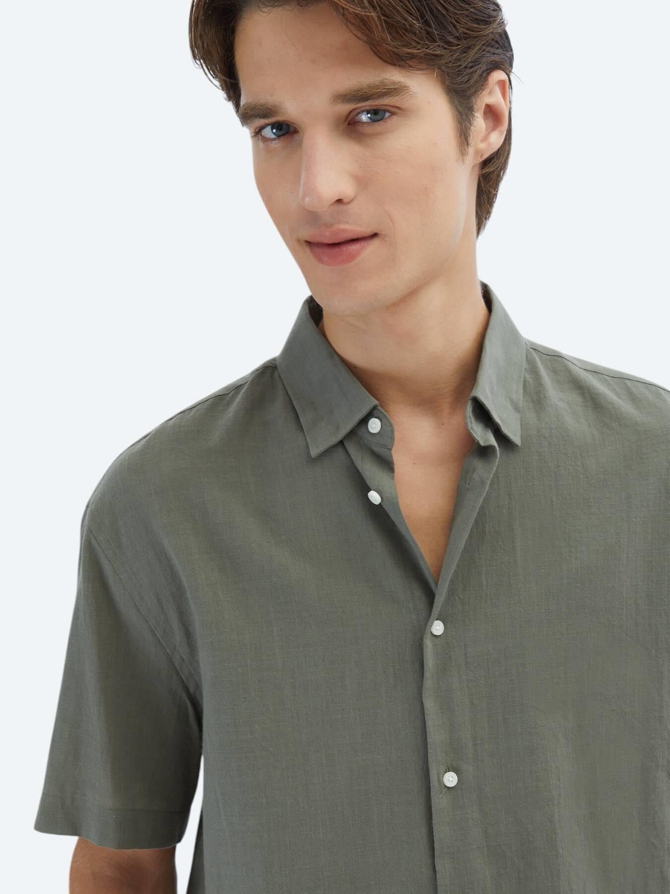 Haki Oversize Fit Kısa Dokuma Casual %100 Pamuk Gömlek