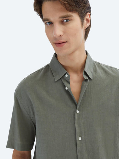 Haki Oversize Fit Kısa Dokuma Casual %100 Pamuk Gömlek