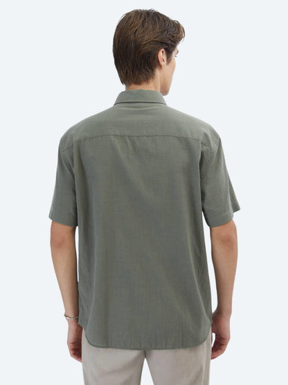 Haki Oversize Fit Kısa Dokuma Casual %100 Pamuk Gömlek