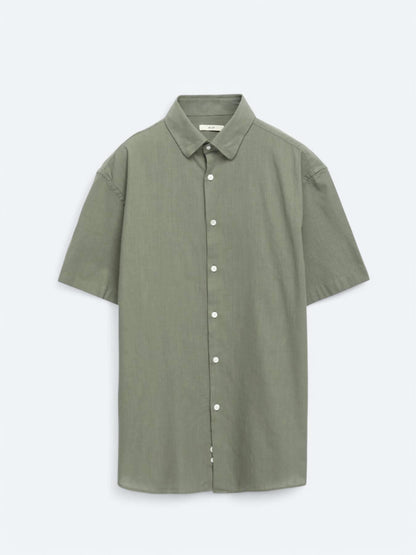 Haki Oversize Fit Kısa Dokuma Casual %100 Pamuk Gömlek