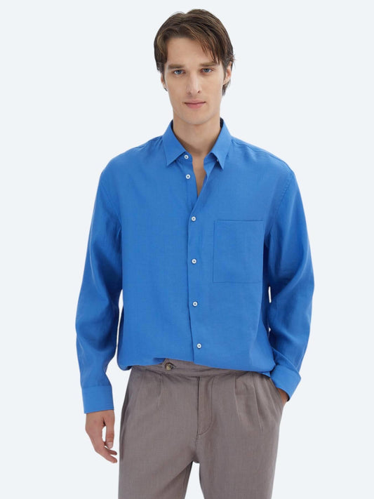 Saks Düz Oversize Fit Uzun Dokuma Casual Gömlek