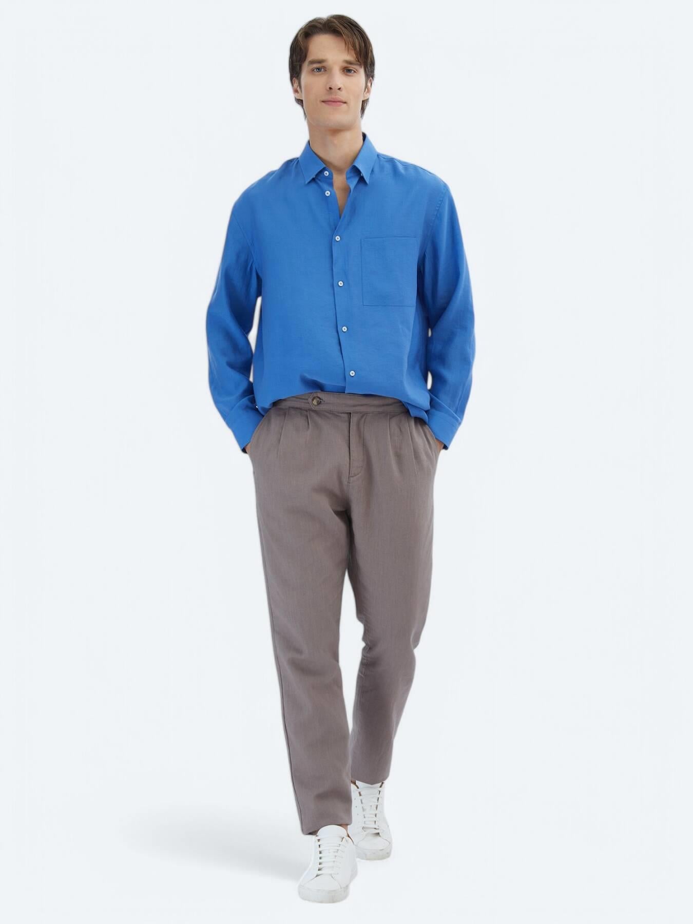 Saks Düz Oversize Fit Uzun Dokuma Casual Gömlek