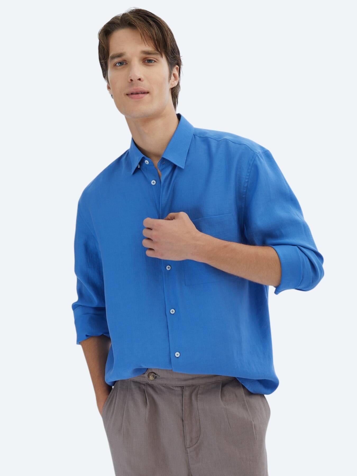 Saks Düz Oversize Fit Uzun Dokuma Casual Gömlek